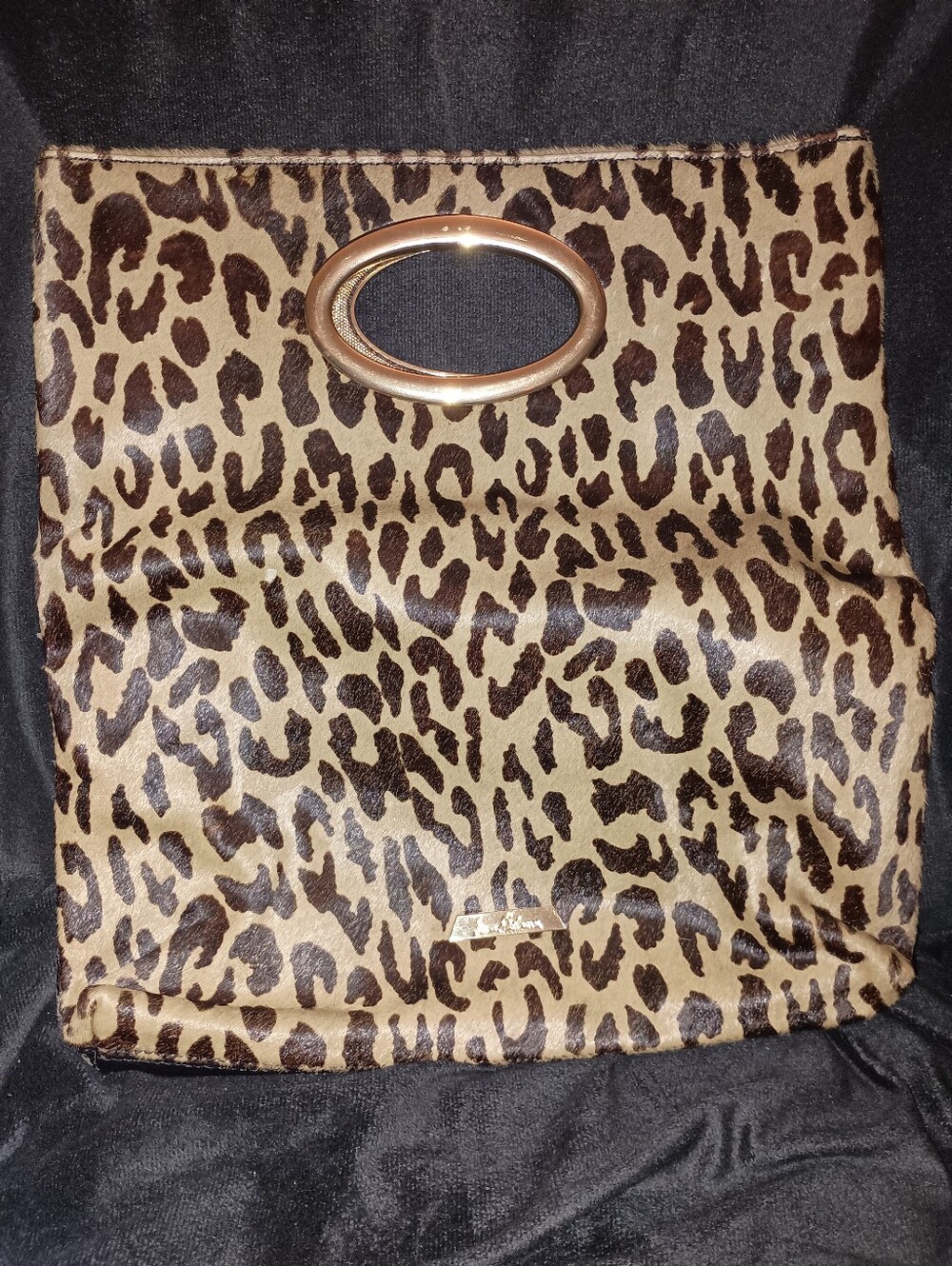 Sam Edelman FOLDOVER CLUTCH/Leopard Print Calf Hair/Black Leather w/Gold Hrdware